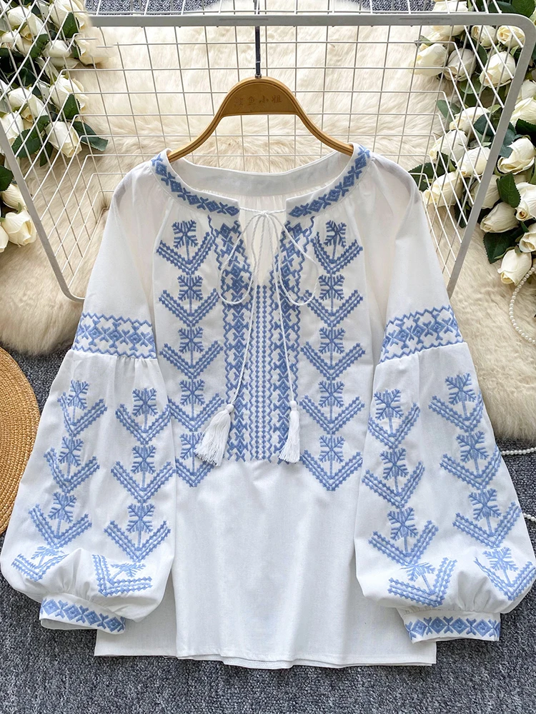 

Свободная офисная женская литературная рубашка с вышивкой, винтажные тяжелые блузки на шнуровке, повседневные универсальные блузки со шнуровкой и вставками