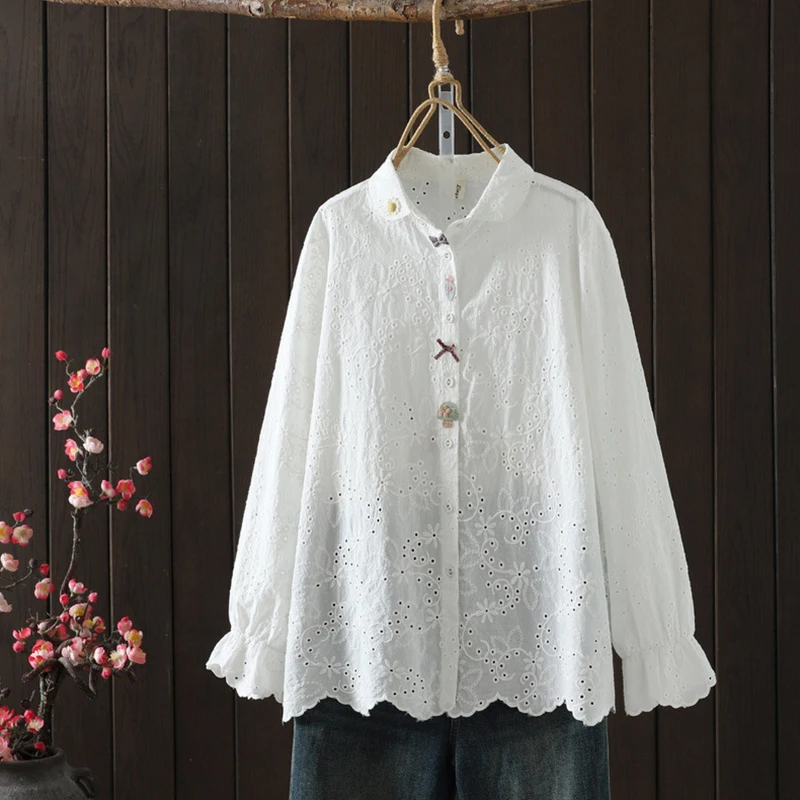 

Spring Autumn Long-sleeved Japanese-style White Shirts Women Clothing Cotton Bow And Jacquard Embroidery Shirts & Blouses U008