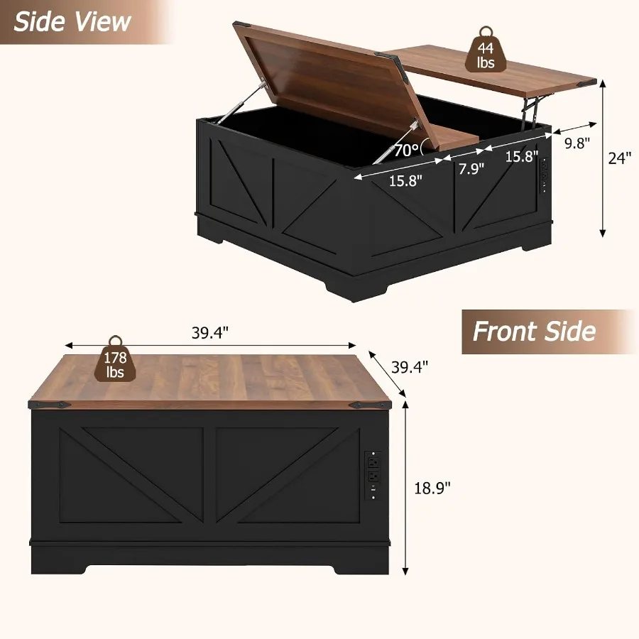 40 Large Lift Top Coffee Table with Storage for Living Room, Black Walnut Finish, Solid Wood Construction, Hidden Compartment