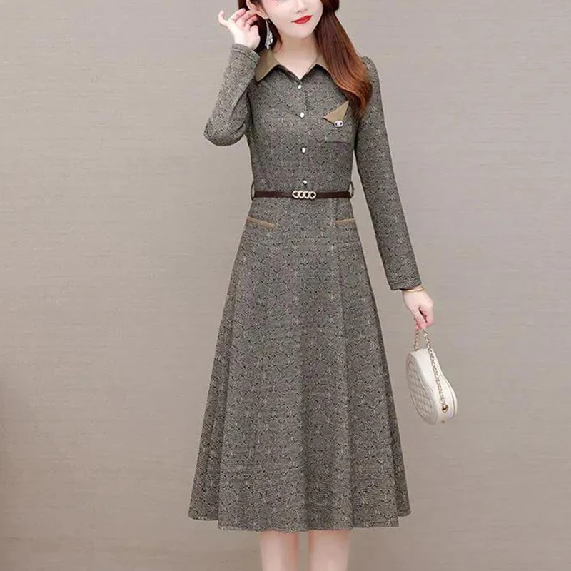 Autumn Winter Polo-neck Elegant Fashion Waist A-line Dress Female Vintage Printing Long Sleeve Belt Robe Women Casual Vestidos