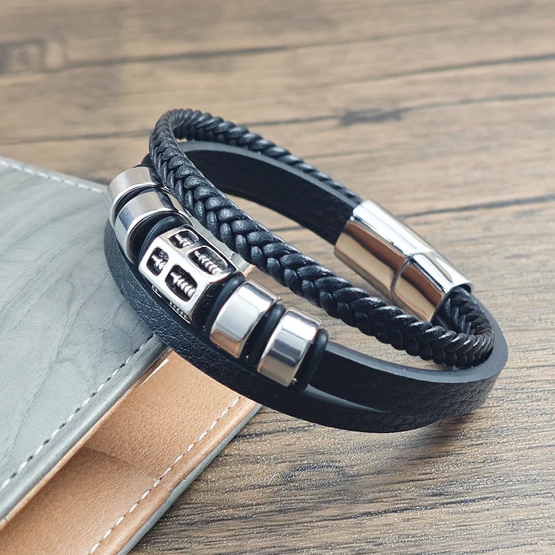 Modisches Chinesisches Abakus-förmiges Lederarmband Magnetverschluss Seil-Schmuck Edelstahl-Accessoires Herren-Armband Geschenk
