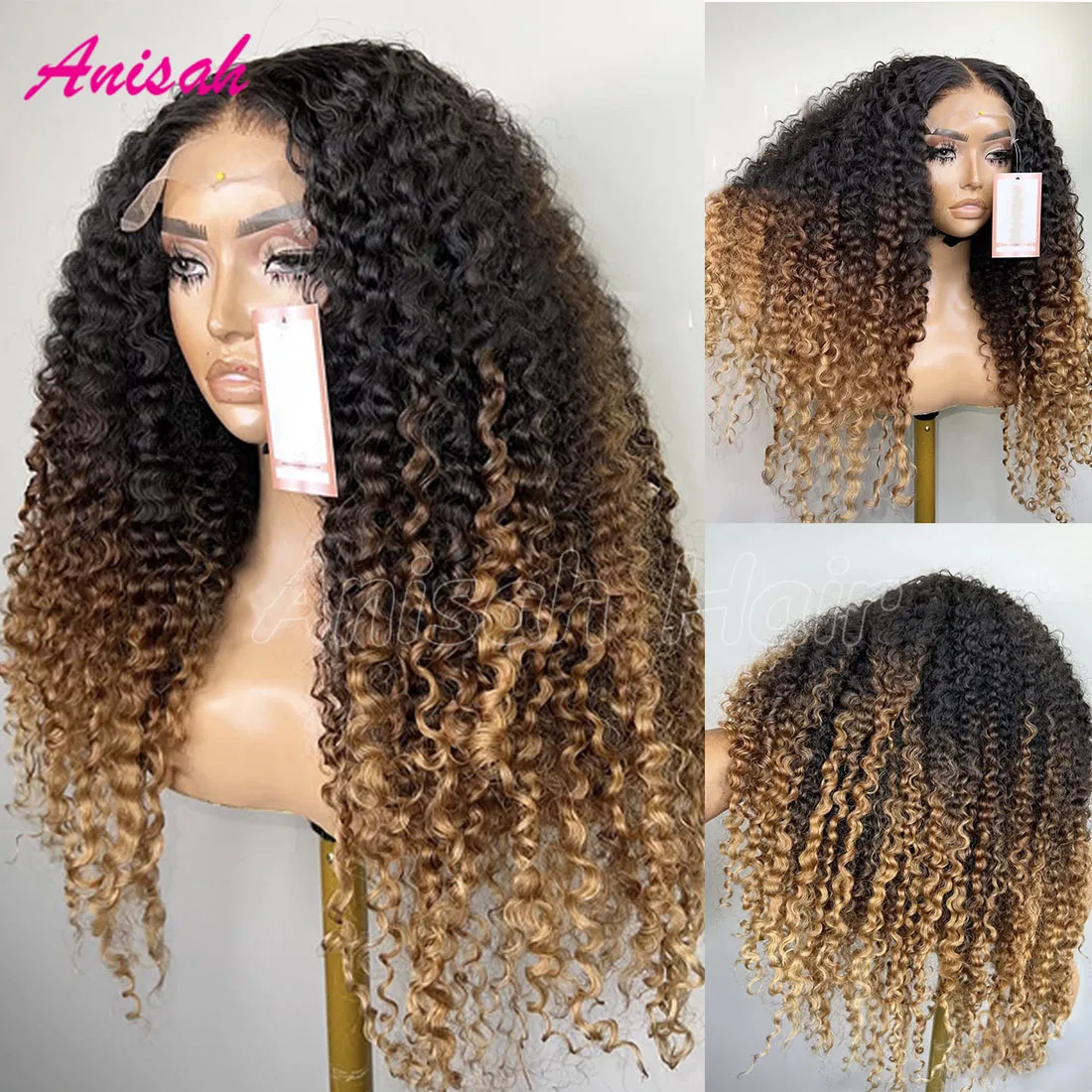 

Brazilian Virgin Hair Ombre Colored Curly Human Hair Wigs 5x5 Glueless Lace Closure Wig Kinky Curly Lace Frontal Wig Human Hair