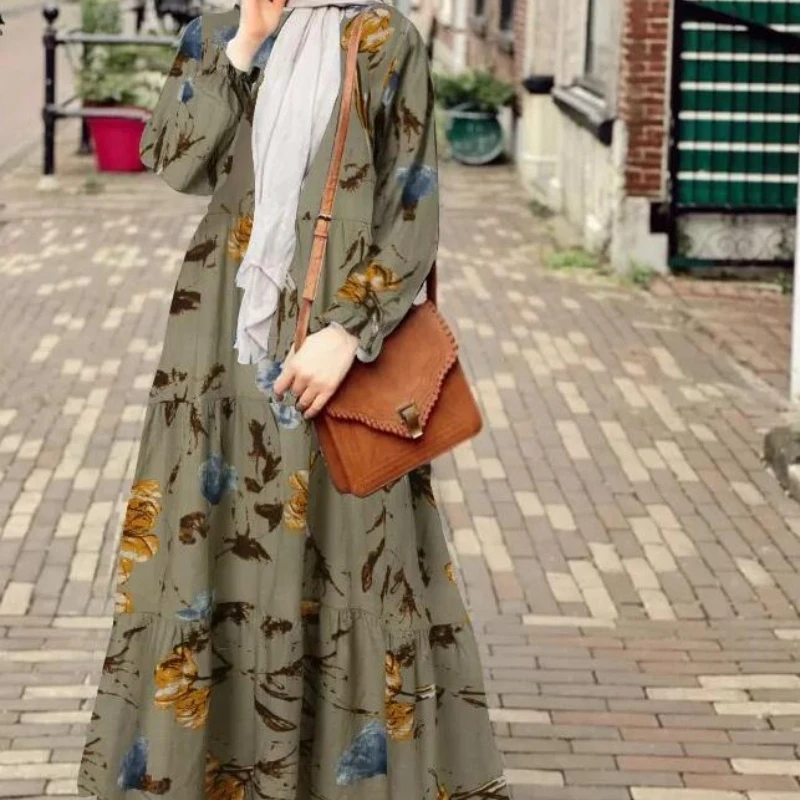 Vestido longo retrô com estampa floral feminino, borda babada casual, punhos elásticos, muçulmano, primavera, verão, 2023