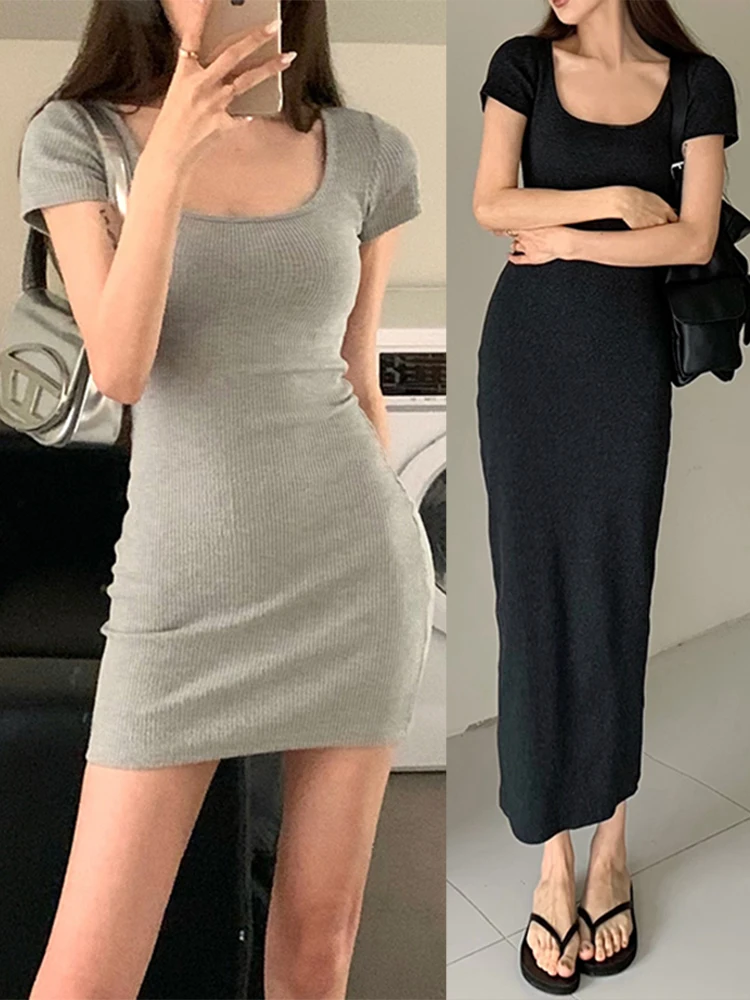 Sexy Low-Ne Midi Dr Femmes Été Or Sve T-shirt Jupe Serrée Élastique Bout Ouverts Couche de Base Or Jupe Coton Poly...