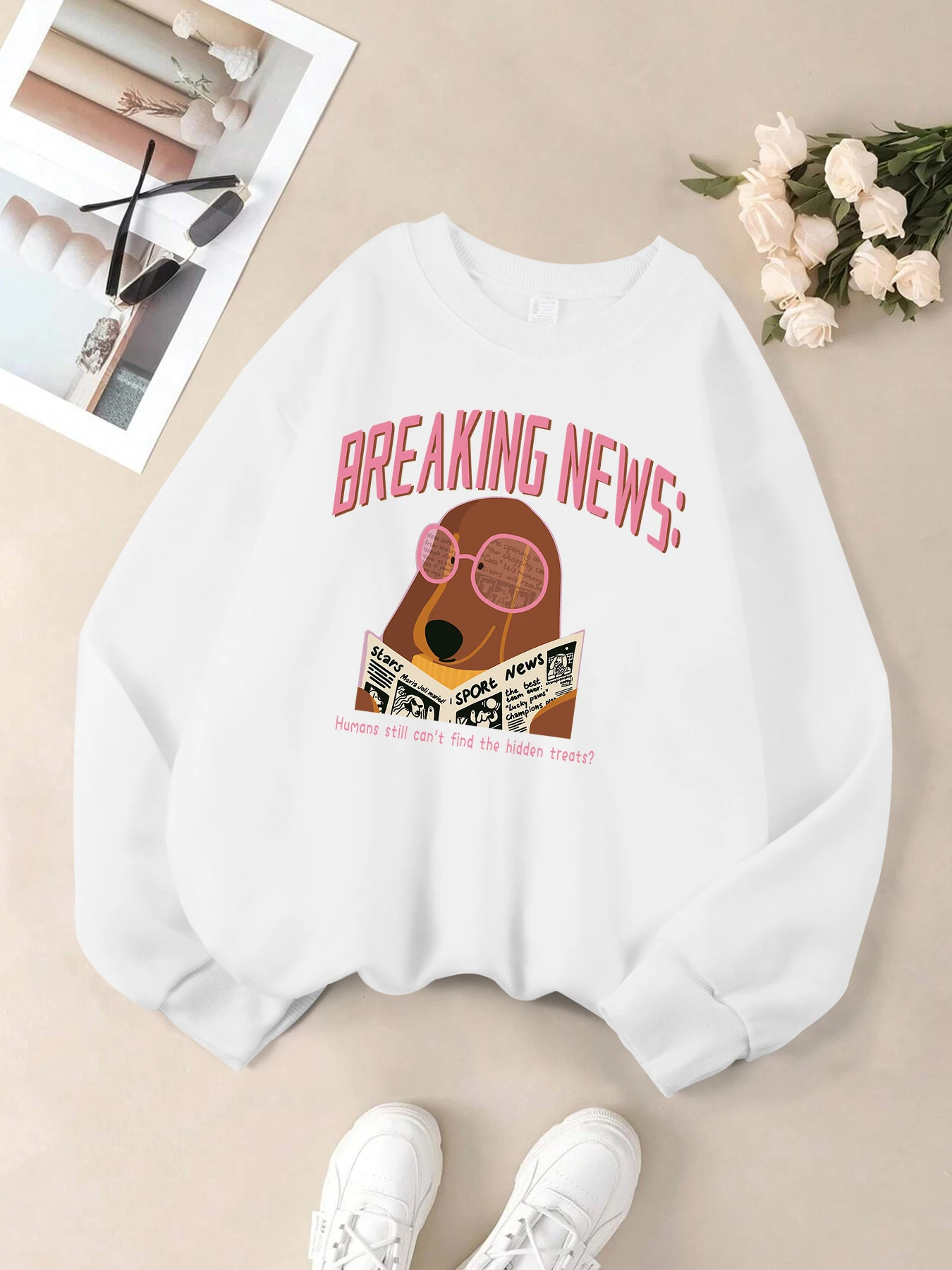 Hund Lesen Breaking News Design Top Frau Herbst Casual Kleidung Weiche Sport Sweatshirts Y2K Fleece Sweatshirt Lose Streetwear
