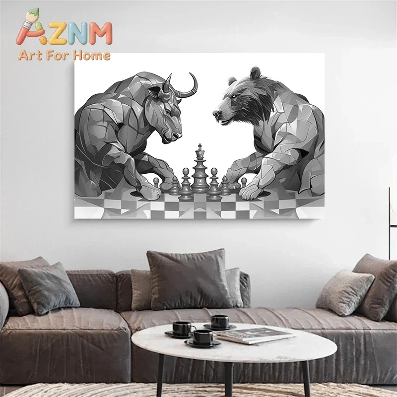 AZNM Bull And Bear Stock Market Chess Canvas Wall Art, Trendy Geometric Animal Print for Office Study Room Wall Decoration