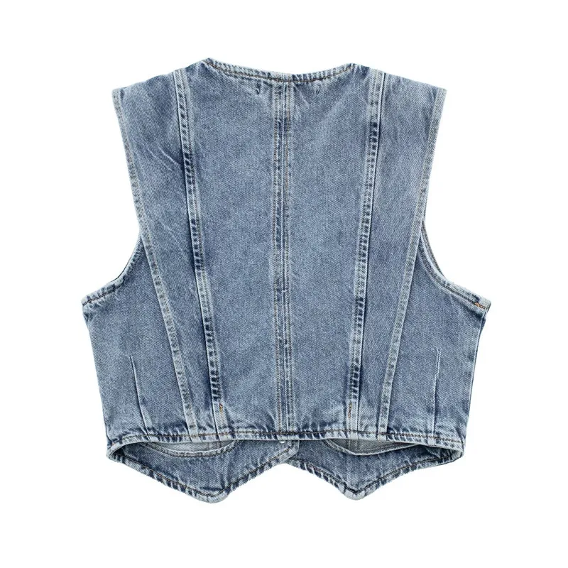 

Faionable Waed Effect Denim Vest Women's Summer New Arrival Versatile Sle Commute Pure Color V-ne Single Button Detail