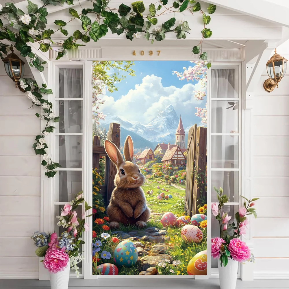 

Happy Easter Door Banner Decoration Backdrop Spring Natural Landscape Rabbit Eggs Kids Party Door Cover Decor Photo Background