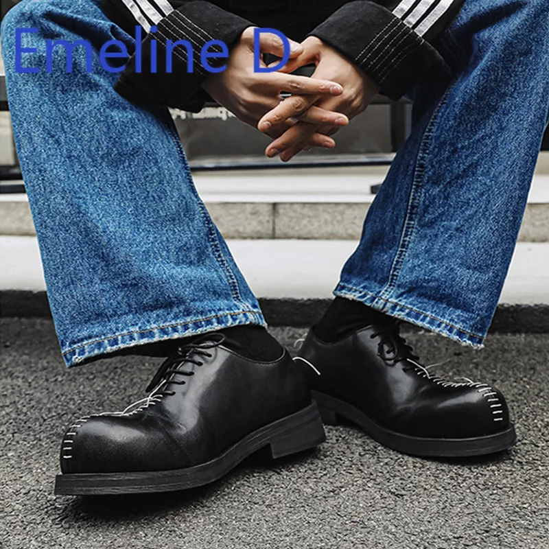 Derby Leather Shoes with Men's Handmade Stitching Design Fashionable and Trendy Thick Soled Black Big Toe Casual Flat Shoes