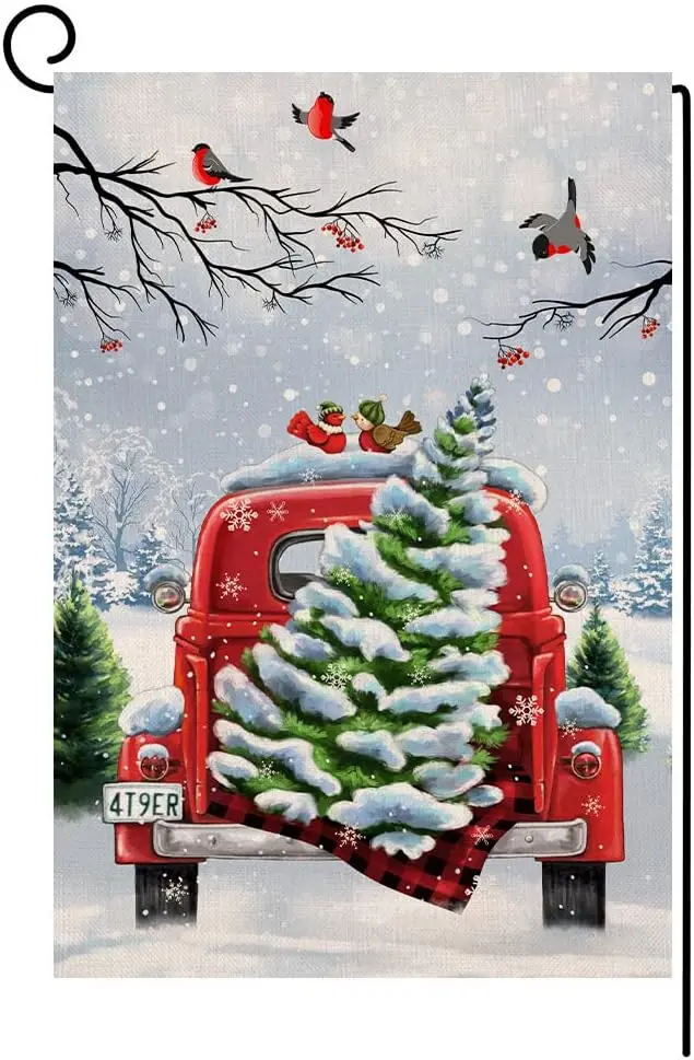 Christmas Garden Flag 12x18 Vertical Double Sided Farm Truck with Trees and Bird Winter Holiday Outside Decorations Burlap Yard