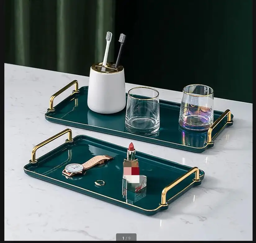 Rectangular Ceramic Tray Metal Handle Phnom Penh Decorative Plate Cosmetic Organize Disk Jewelry Dish Dessert Cake Pan