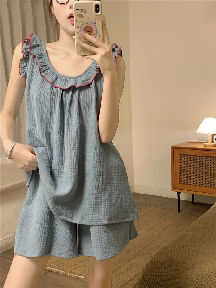 Ensemble de pyjama en fibre de coton pour femme, chemise de nuit simple et douce, robe de nuit décontractée et élégante, style fille coréenne, tir réel, monochromatique, été