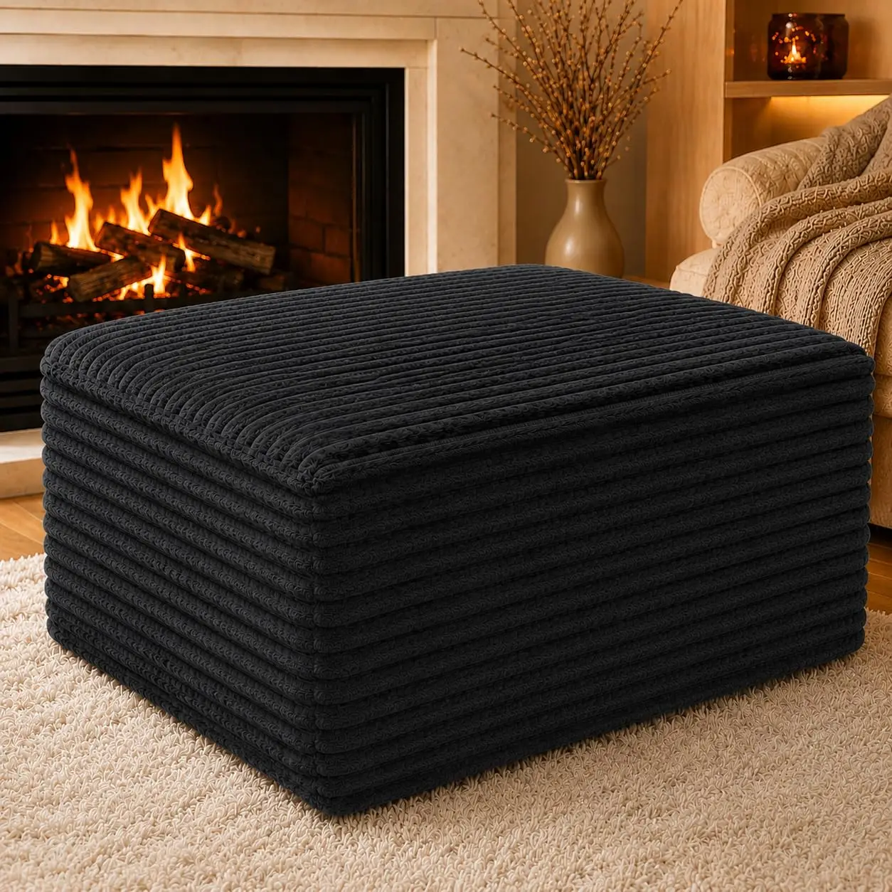 Corduroy Ottoman Foot Rest,Plush Memory Foam Pouf,Compressed Sofa in a Box for Living Room No Assembly,Black, Customized