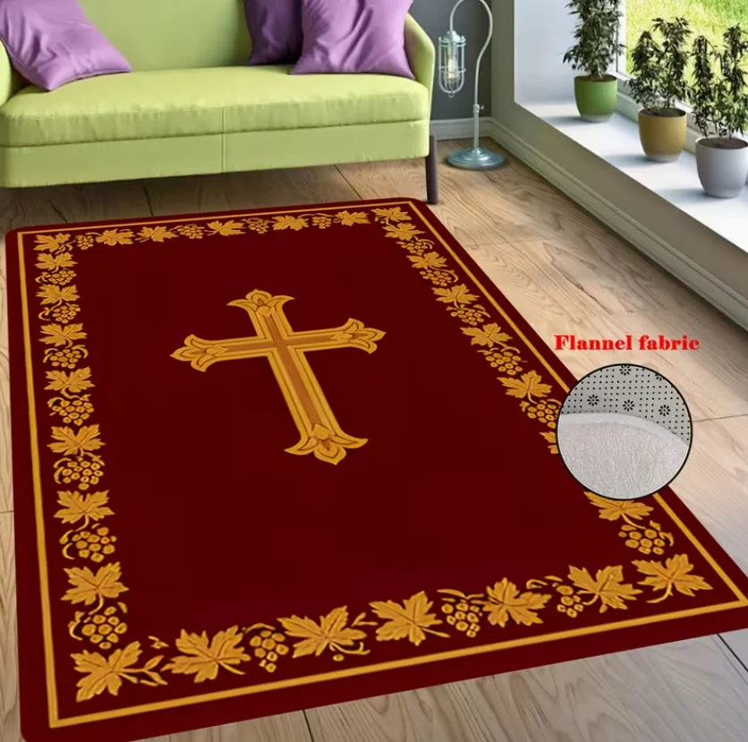 Red Background Cross-Pattern Carpet with A Leafy Frame Decoration in Living Rooms Bedrooms Offices Hallways Kitchens Doorways