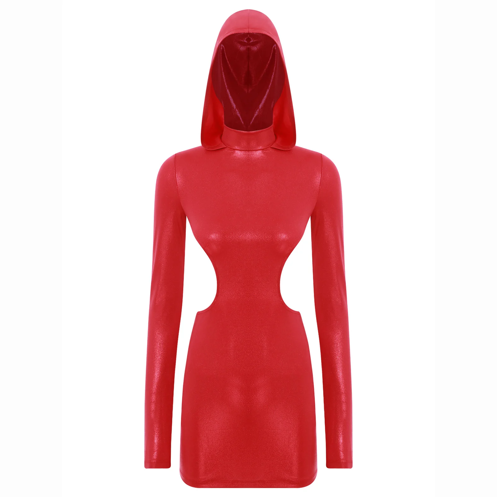 

Women Sparkly Bodycon Dress Hooded Long Sleeves Open Back Hollow Out Mini Dress Tight Fitting Short Dress Bar Nightclub Outfit