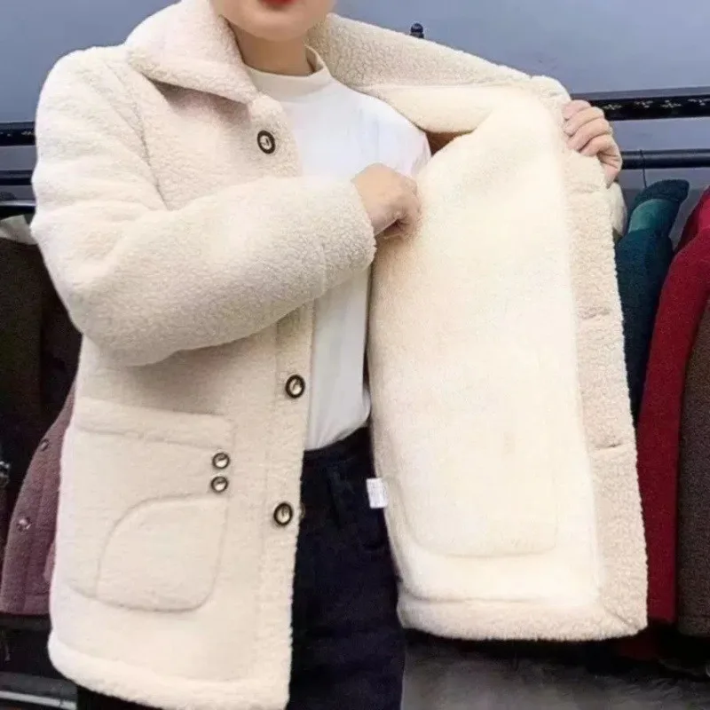 Winter Long Sleeves Single Breasted Lapels Women Coat Mom Wear Pocket Spliced Design Imitation Fur Warm Casual Jacket Female