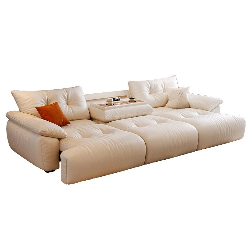 Medieval style living room zero wall multi-functional sofa bed, telescopic dual-purpose cloud leather electric sofa