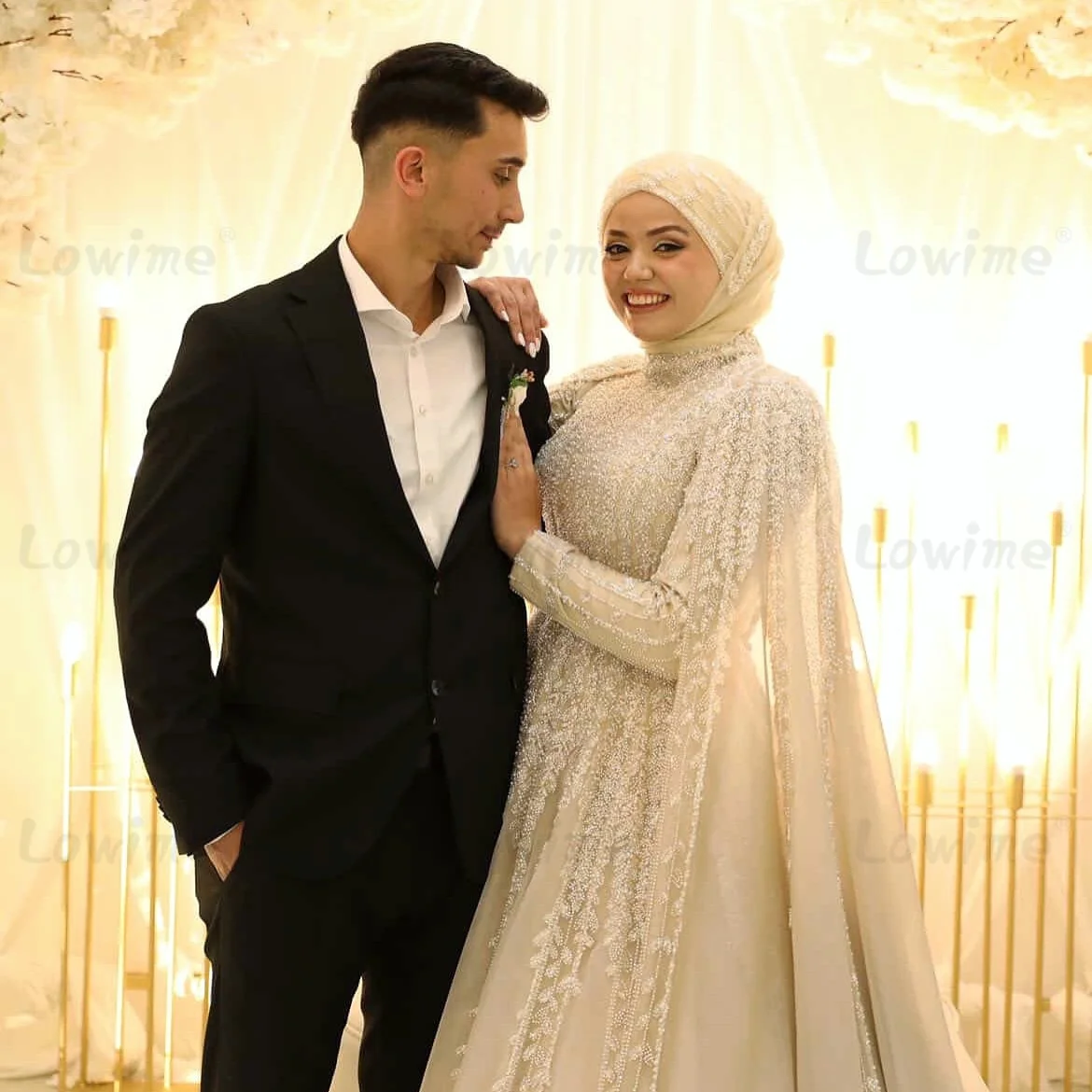 

Light Champagne Muslim Evening Gown Formal Women's Party Dress Cape Sleeve A Line Dubai Arabic Bride Prom Dresses Customized