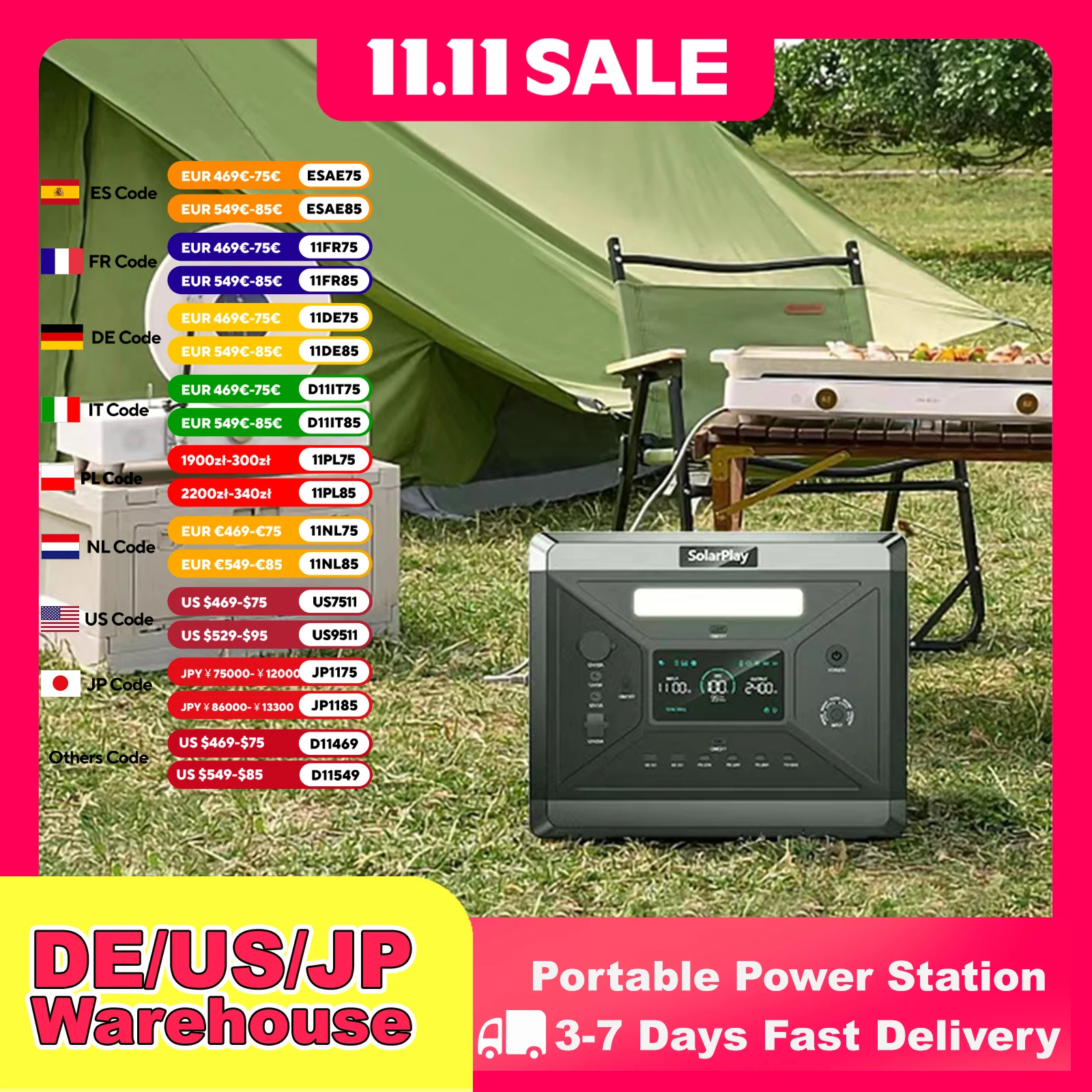 SOLARPLAY Q2501 Portable Power Station 2160WH LiFePO4 Battery with 2400W (4800W Peak) AC Output Solar Generator for Garden Party