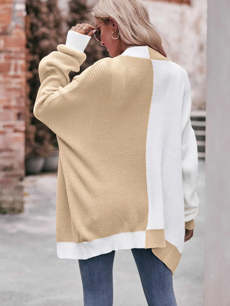 Contrast Color Knit Cardigan for Women 2024 Autumn Winter Warm Long Sleeves Sweater Oversized Loose Korean Female Coat