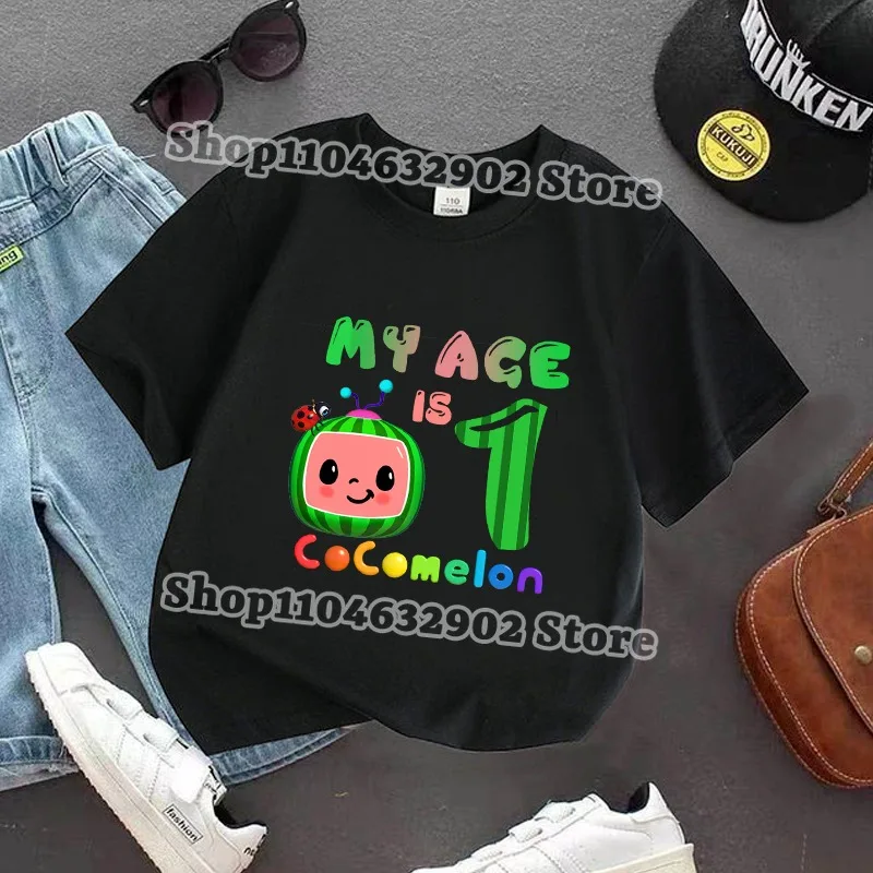 Cocomelons 키즈 티셔츠 소년 소녀 베이비 샤워 티셔츠 어린이 여름 면화 의류 만화 애니메이션 패턴 티 생일 선물