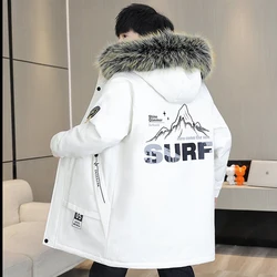 2024 New Winter New Warm Hooded Jacket Medium-length Trendy Brand Fleece-lined Thickened Loose-fit Parka Cotton Coat Youth