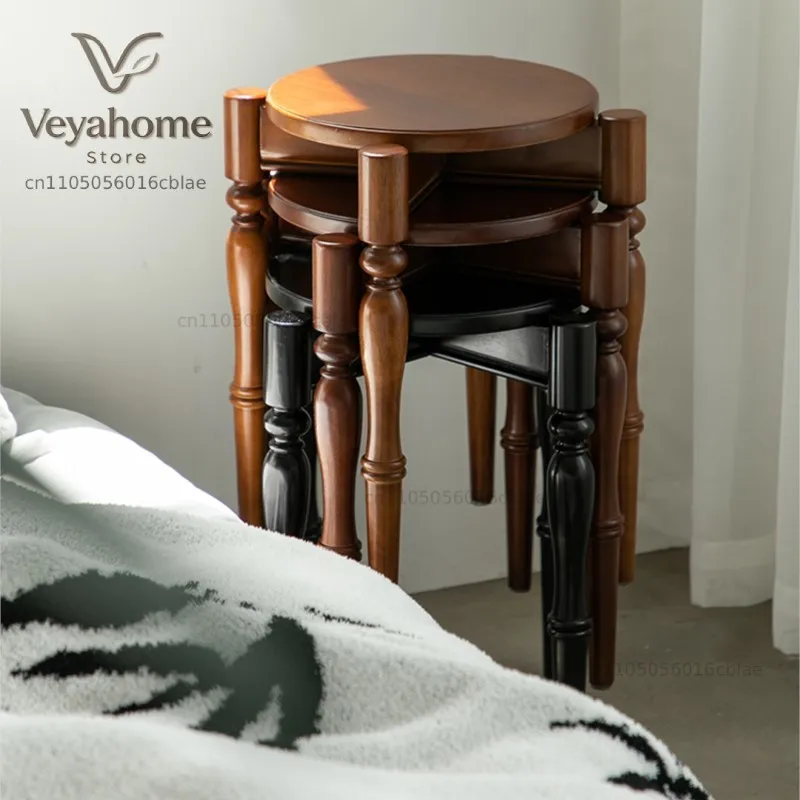 MOMO Solid Wood round Stool Stackable Designer's Creative Medieval Simplicity Saving Low Stool for Living Room