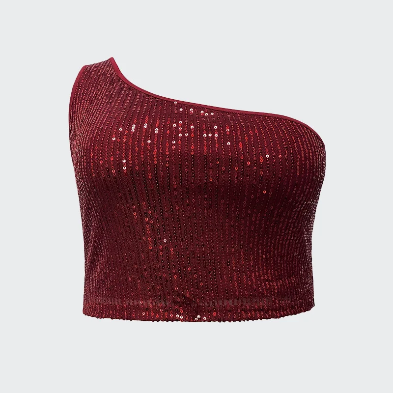 حجم كبير المرأة الترتر واحد الكتف المحاصيل الأعلى الأحمر بريق ضيق سترة بلا أكمام تانك الهذيان حفلة كلوبوير ليلة خارج بلوزة