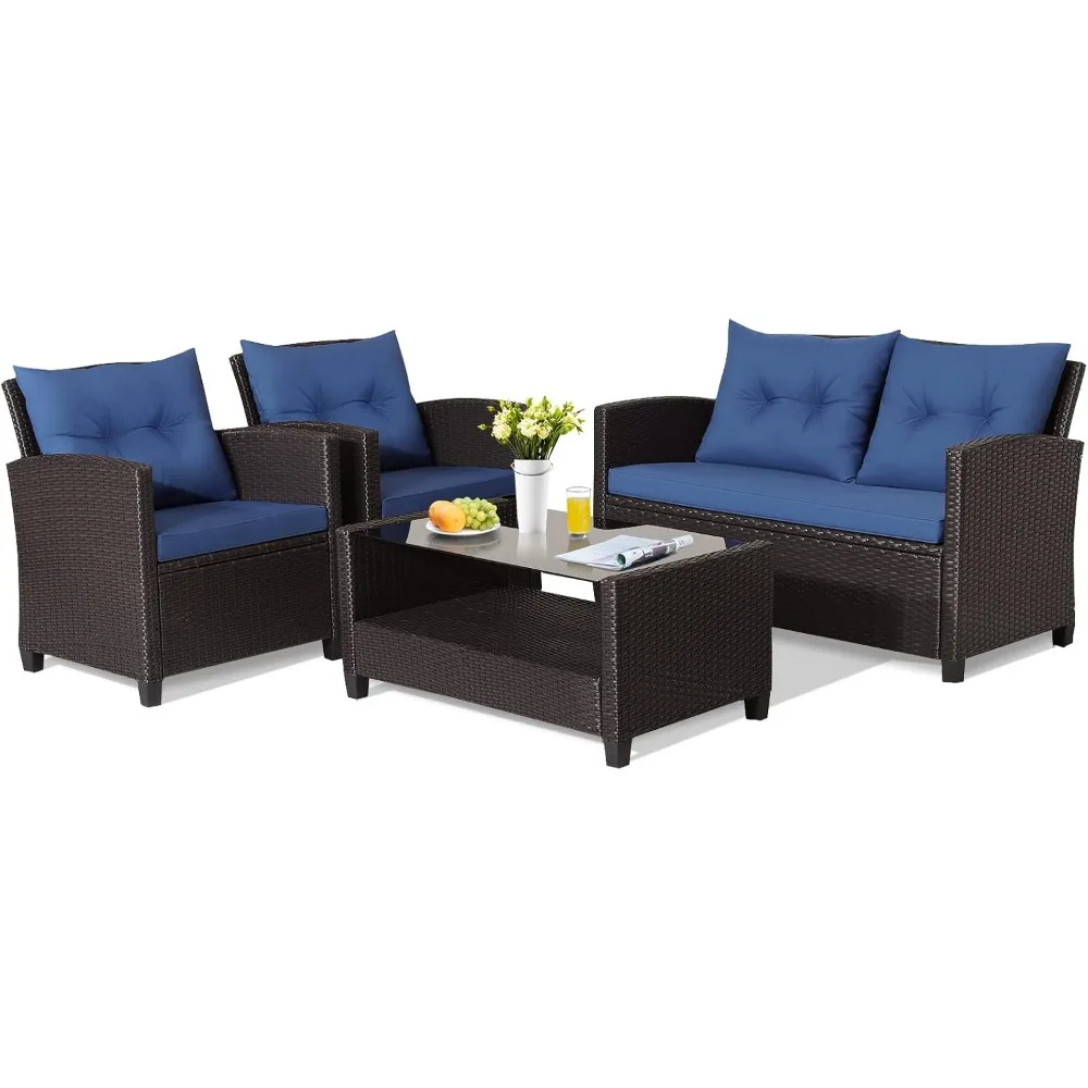 4 Pieces Patio Furniture Set Outdoor PE Rattan Conversation Set with 2-Tier Coffee Table, Extra Storage Shelf and Cushions