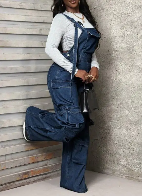 متعددة الاستخدامات واسعة الساق الدنيم وزرة فضفاضة الدنيم بذلة بذلة العمل السراويل #2