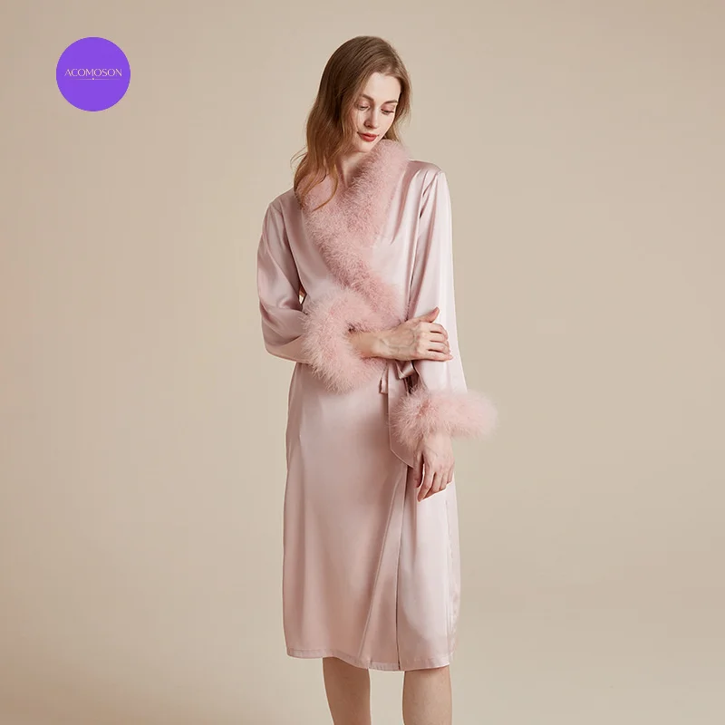 ACOMOSON EU US Size Pink Satin Feather Robe V-Neck Luxury Elegant, Suitable For Brides And Bridesmaids Perfect For Loungewear