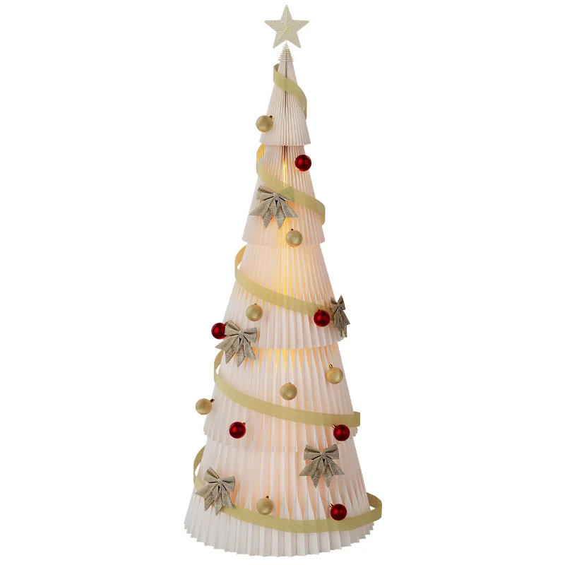 Elegant Luxury Foldable Honeycomb Paper Coffee Table Slim White Snowy Collapsible Christmas Tree Stand and Accessory with Light
