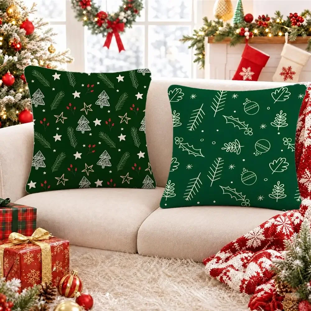 Beautiful Pattern Christmas Low Saturation Gray Green Small Tree Cushion Cover Short Plush Pillowcase, Sofa Bedroom Home Decor