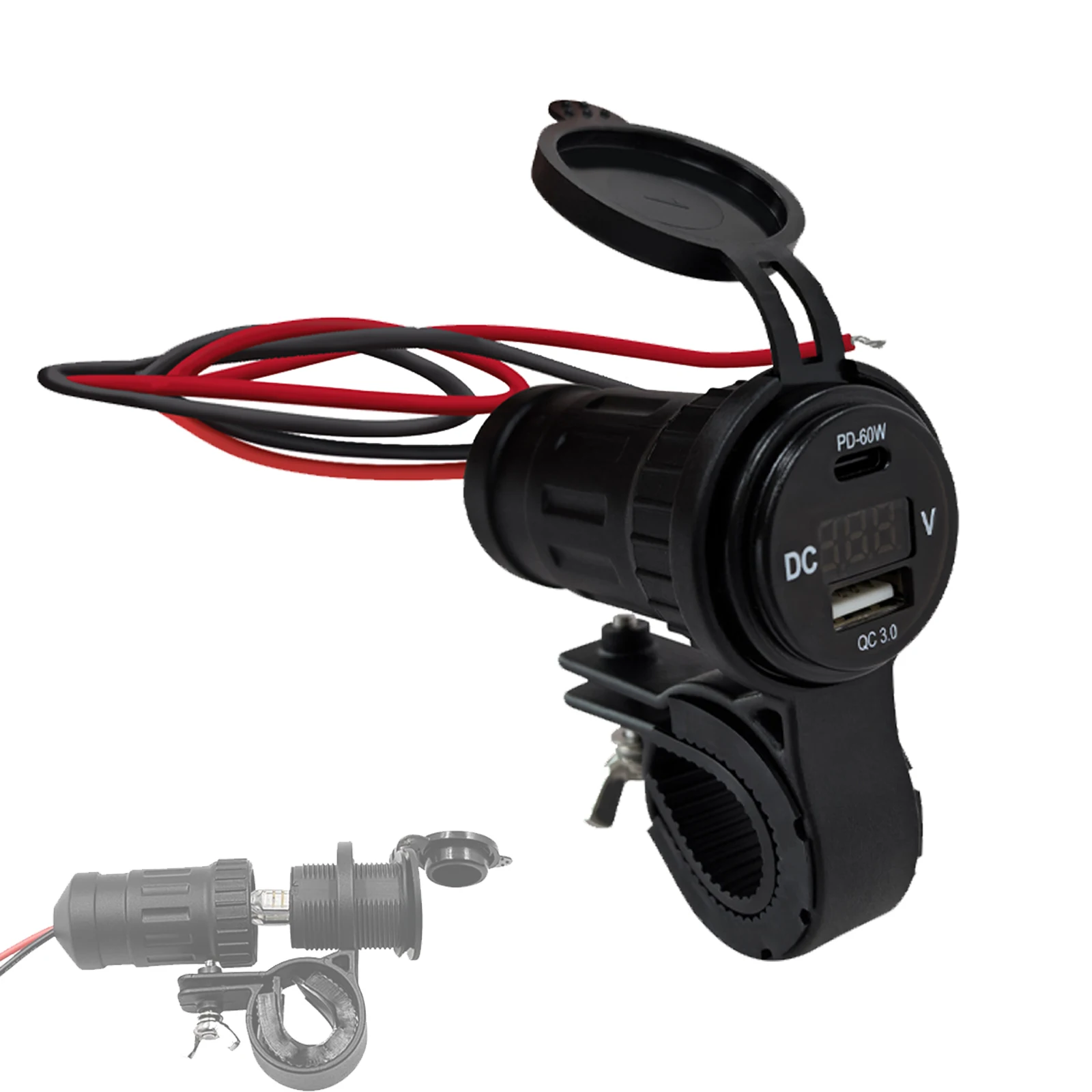 

Dual USB Socket Waterproof Motorcycle ATV Boat Handlebar 12-24V PD60W Fast Charging QC3.0 Charger Blue Voltmeter Outlet Adapter