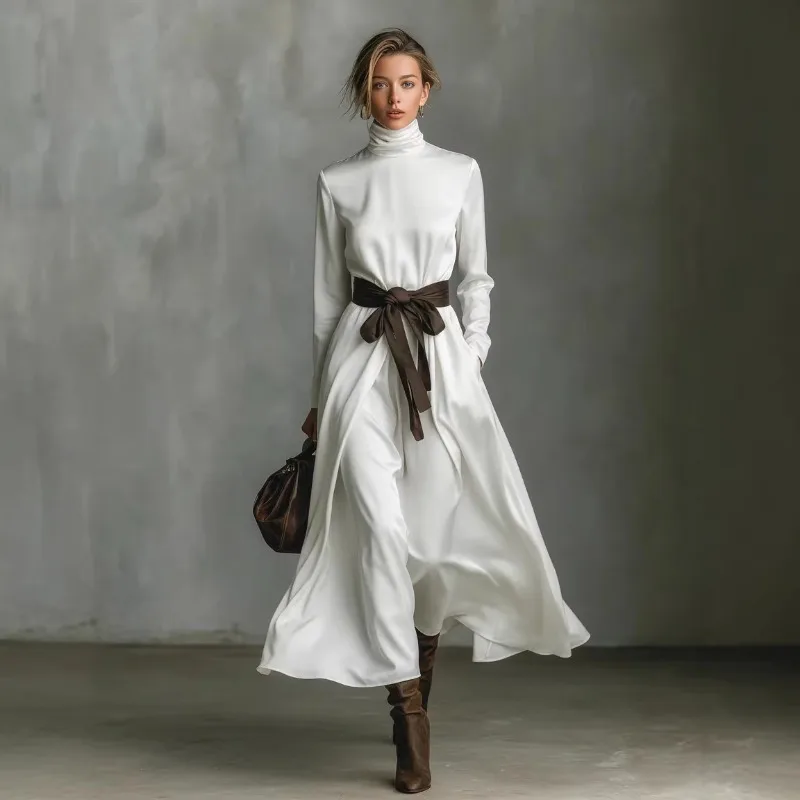 الخريف أنيقة عالية الياقة بلون طويلة الأكمام ألف خط فساتين كبيرة النساء مزاجه عطلة فستان طويل شيك ثوب مسائي