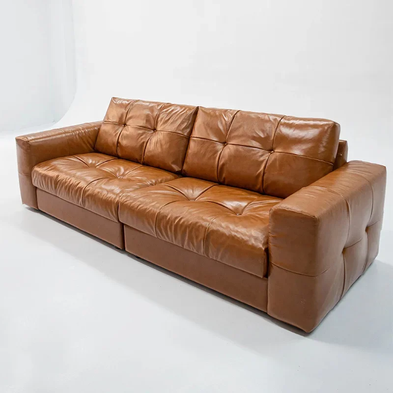 French retro oil wax leather star sofa living room straight three-person small apartment sofa
