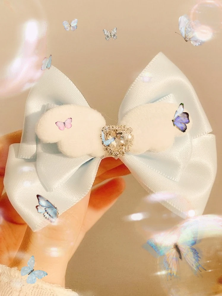 Super Fairy Four Seasons Korean Edition Angel Wings Blue Bow Edge Clip Cute Girl Hair Accessories