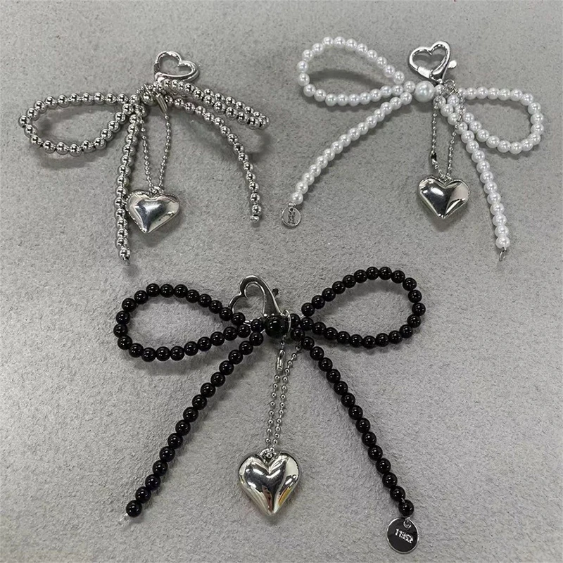 Temperament Sweet Bowknot Heart Pendant Keychain Fashion Beaded Phone Charm Bow Phone Lanyard Bag Decoration Accessories Gifts