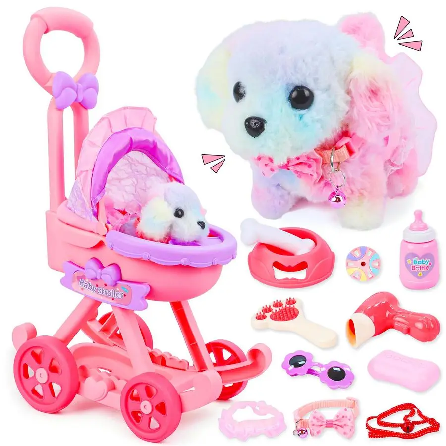 Dog Toys for Kids Girls, Pretend Puppy Stroller Playset for Toddler, Electronic Interactive Walking Barking Dog Toy, Pet Care am