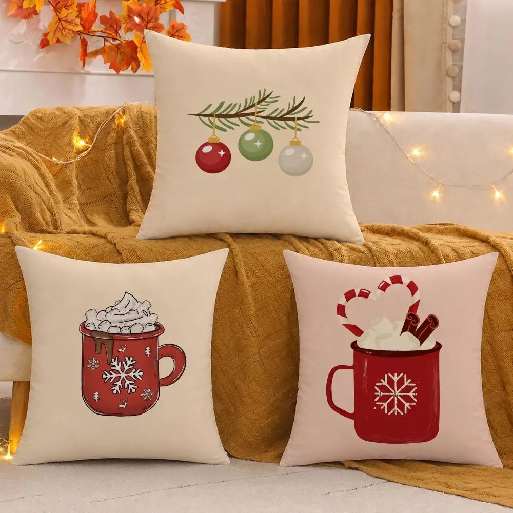 Christmas Hat Ornaments Cushion Cover Soft Plush Sofa Cushion Cover Double-Sided Printed Decorative Pillow Case Warm Home Gift