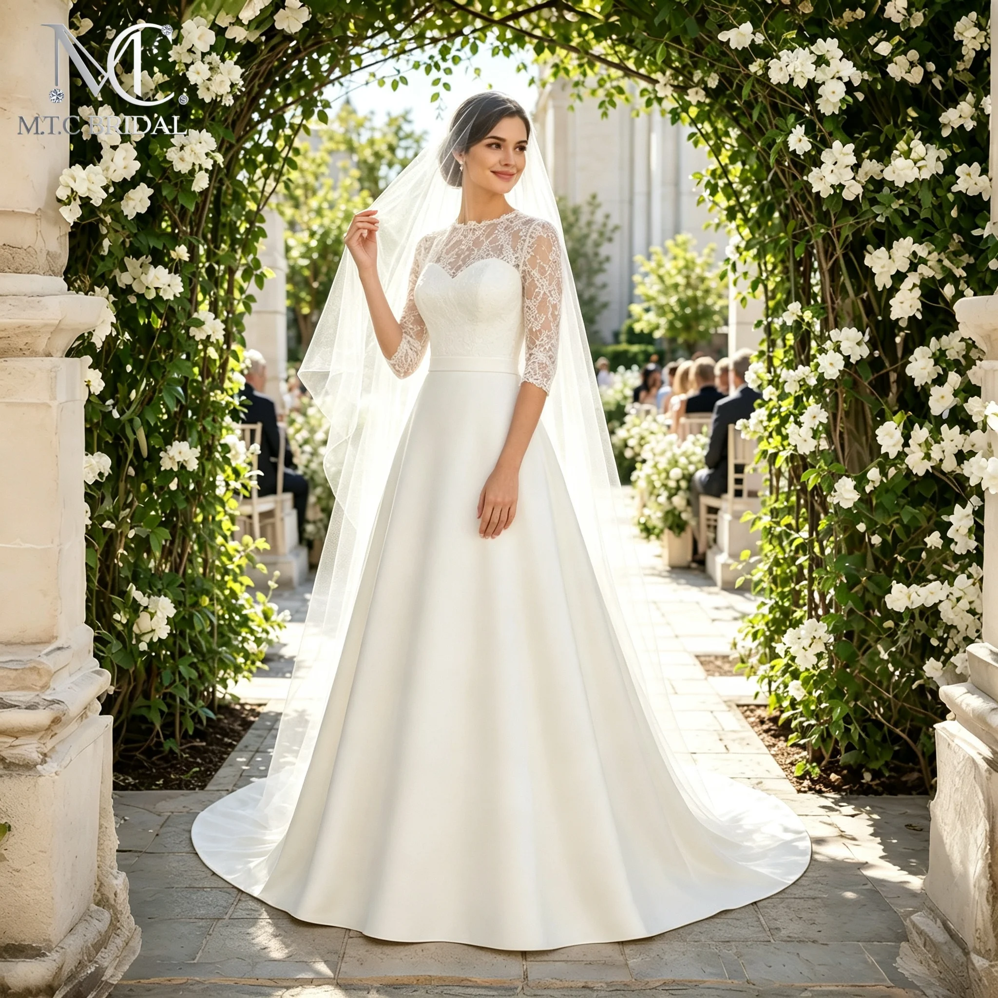 Elegant Satin A‑Line Wedding Dress Illusion High Neck 3/4 Lace Sleeves Bridal Gown With Train Vestido De Noiva Plus Size