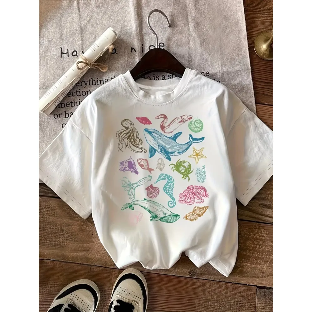 Vintage Sea Creatures Print T-Shirts Women Summer Short Sleeve Graphic Tee Marine Life O-Neck Loose Tops Casual Fashion Clothing