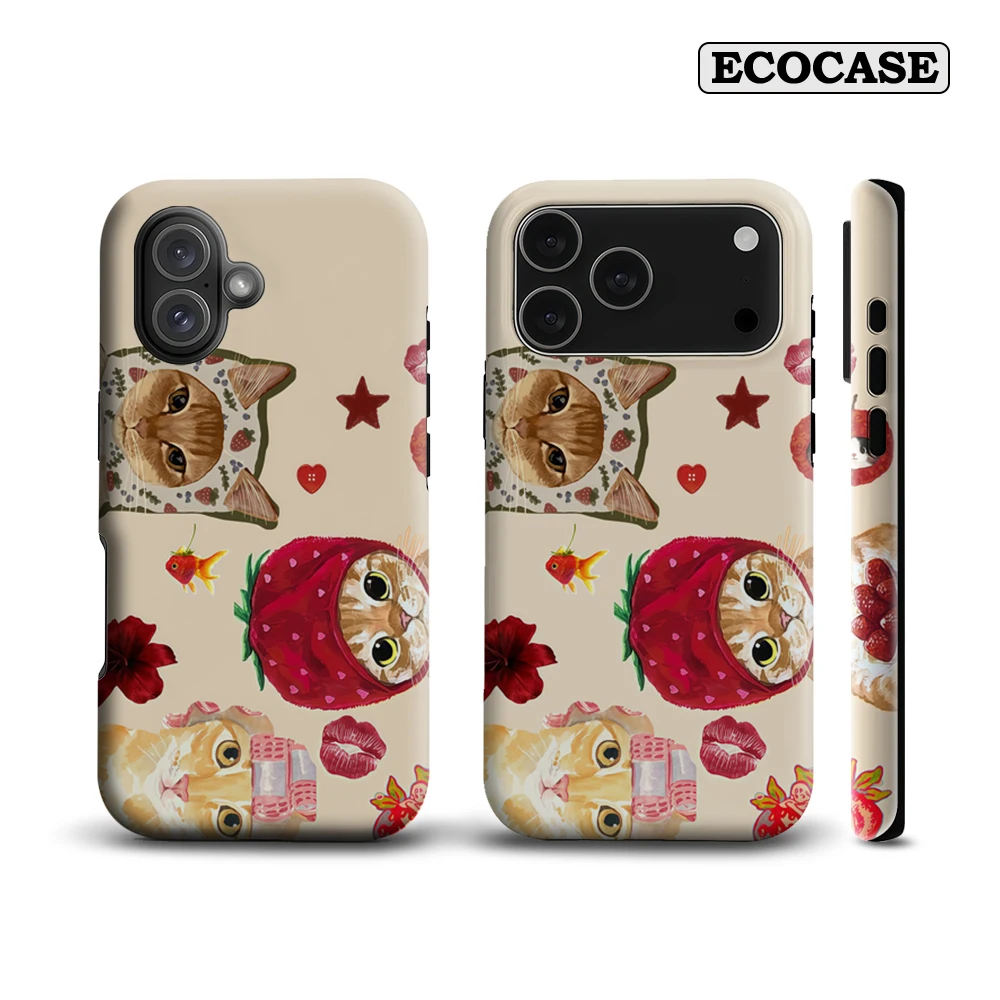 Erdbeer-Themen-Katzen-Collage IPhone 17 Must-Haves Handyhülle für IPhone 17 16 15 14 13 12 Pro Max Plus Doppelschichtige Rückseite