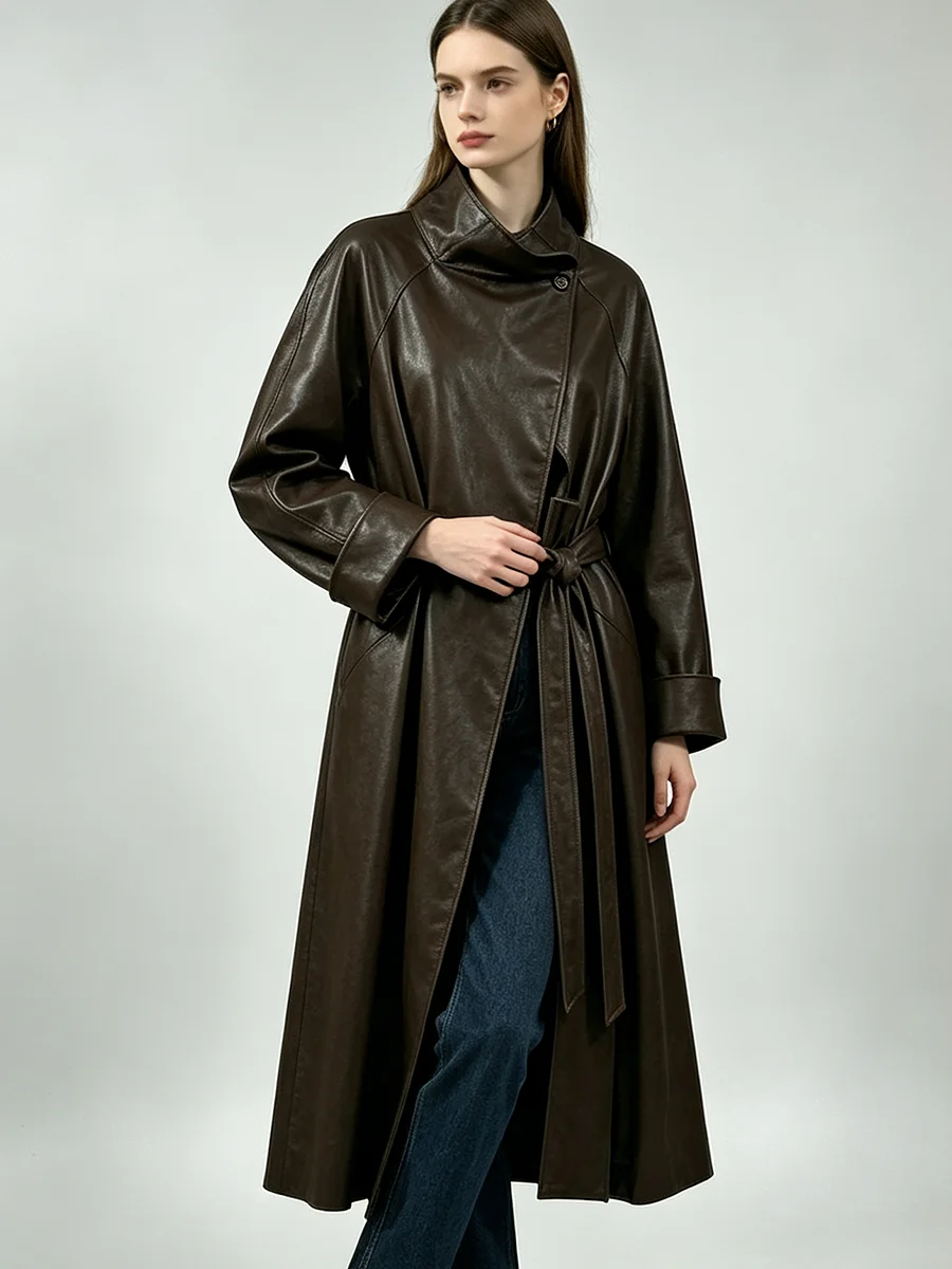 PUAL Women Faux Leather Long Trench Coat Stand Collar Belted Waist Lapel Overcoat Vintage Fit Autumn Winter Outerwear