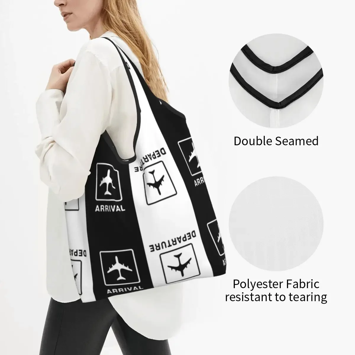 Recycling Aviation Airplane Departures Arrivals Shopping Bag Women Tote Bag Portable Aviator Pilot Plane Groceries Shopper Bags