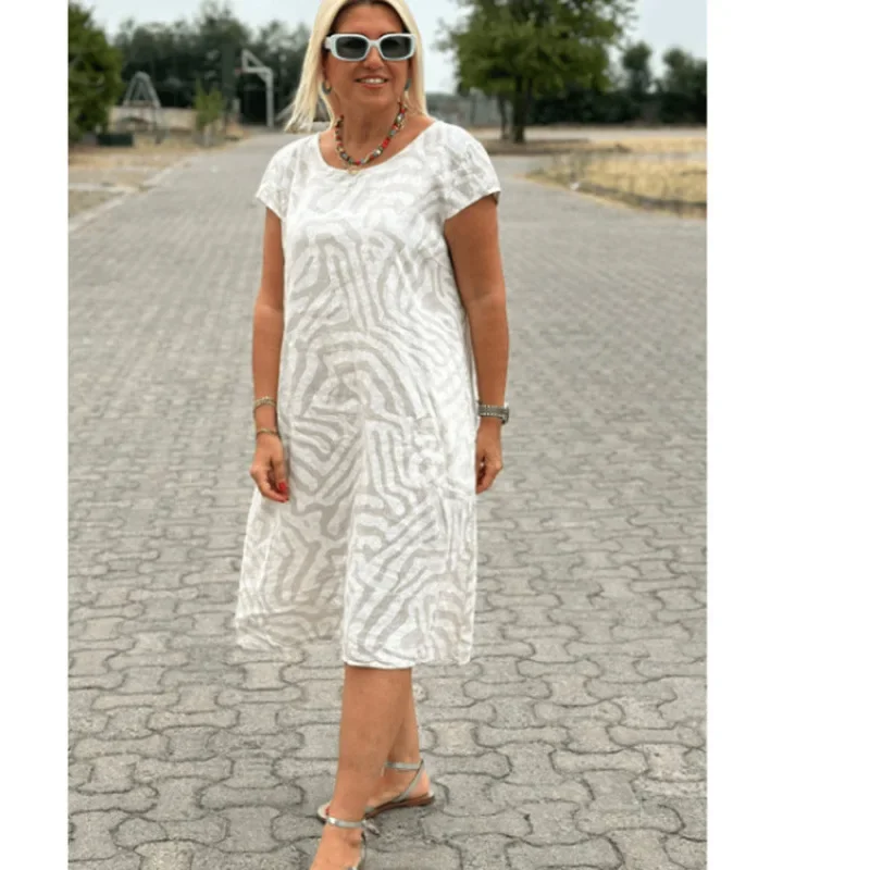 Zebra Print O-neck Rayon Midi Dress Women's Short Sleeves Loose Casual Boho Vintage Dresses for Women Robe Femme