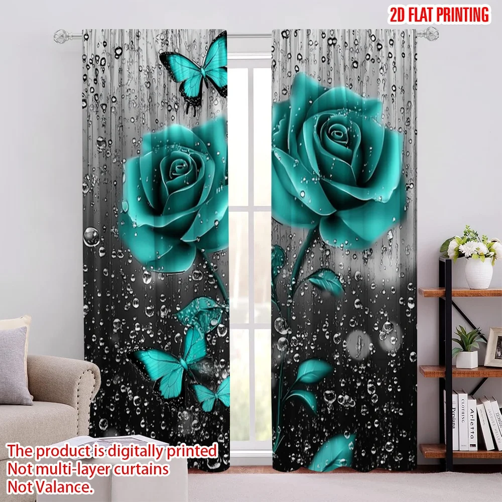 

2pcs Window Curtains (20.67x45.67in,29.53x65.35in,29.53x102.36in,41.34x90.55in,51.18x82.68in) Teal Rose Raindrops 100%