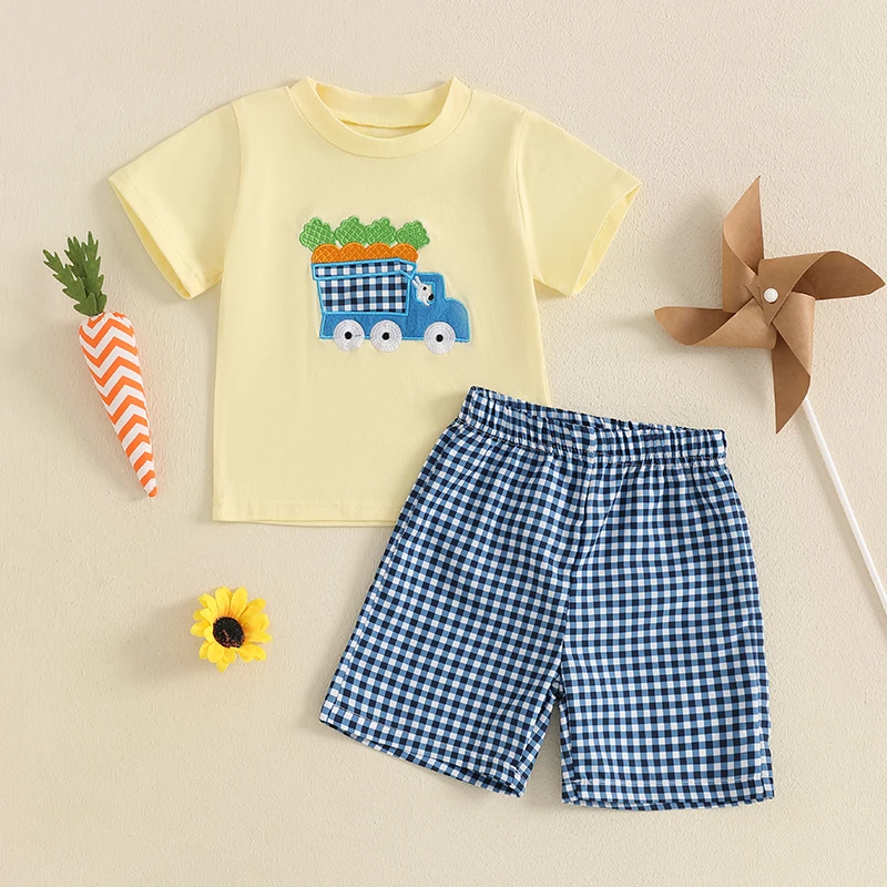 Summer Toddler Baby Boys Easter Outfits Bunny Truck Embroidery Short Sleeves T-Shirt and Elastic Plaid Shorts Set 2Piece Clothes