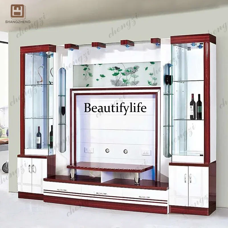 Modern Dark Wood TV Cabinet with Large Screen TV Area and Glass Door Display Case with Coordinating Speakers