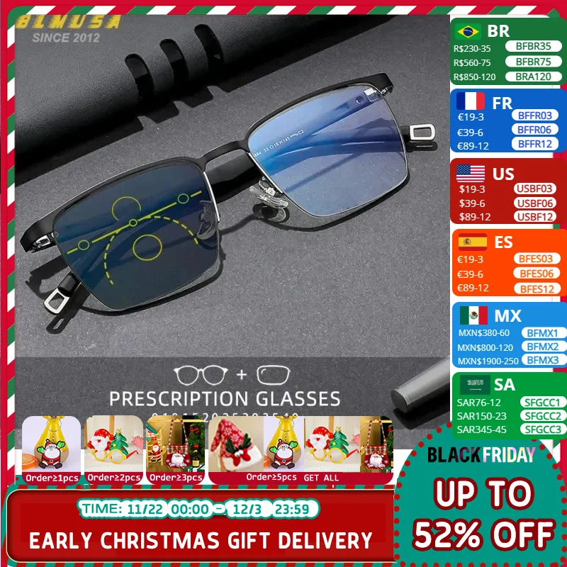 BLMUSA New Half-Frame Business Glasses Progressive Anti Blue Ray Reading Glasses Men High Quality Photochromic Multifocal Glass